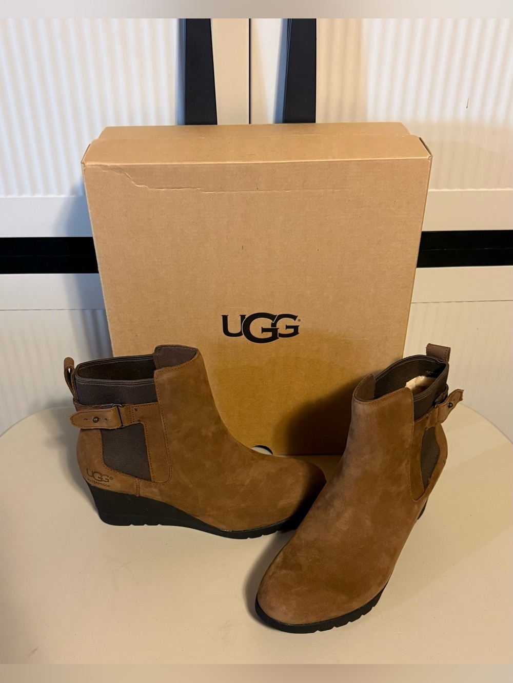 UGG “Indra” Chestnut Brown Suede Wedge Ankle Booties Great for Pants!!